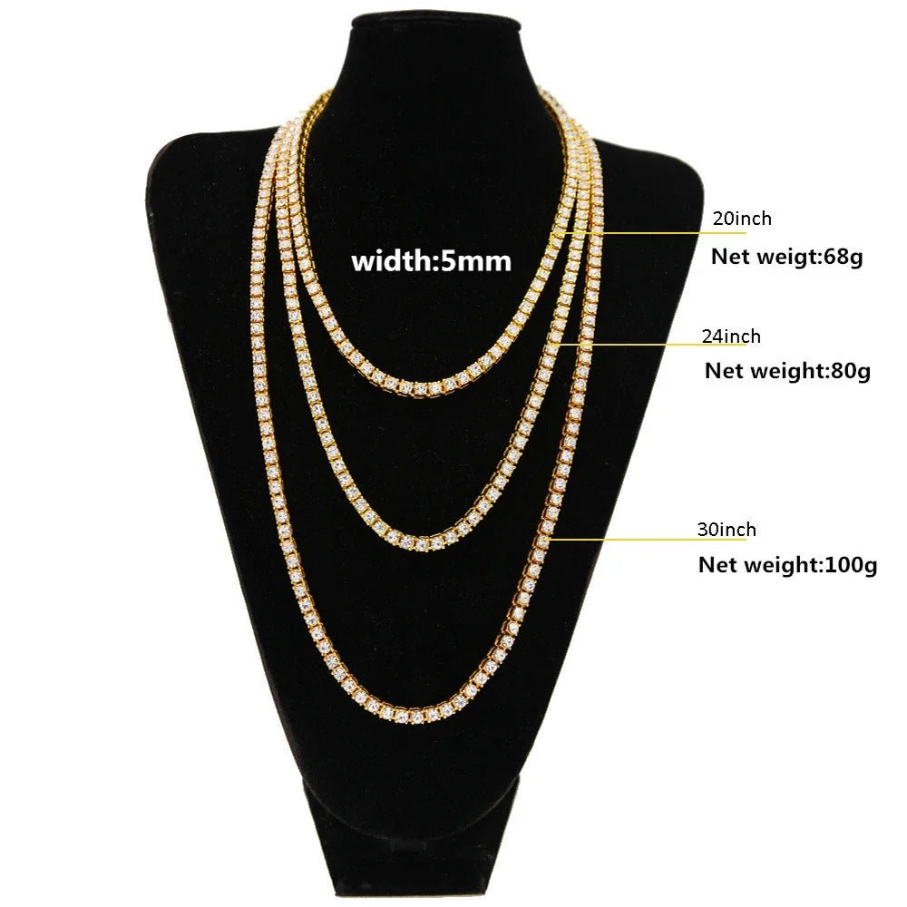 1 Row Tennis Chain Hiphop Bling Bling Iced Out 5mm Necklaces Luxury Brand Silver/Gold Color Men Chain Fashion Jewelry